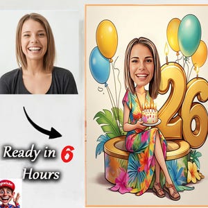 Custom Birthday Caricature Portrait, Personalized 26th Digital Art Gift, Birthday Girl Cartoon Illustration, Celebration Wall Decor Print