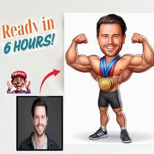 Ritratto di un personaggio famoso in palestra, caricatura di un personaggio famoso in palestra da una foto, caricatura divertente, caricatura di un sollevatore di pesi, regalo per un sollevatore di pesi.