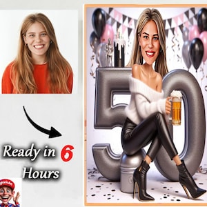 Gepersonaliseerde 50e cartoonportret, karikatuur 50e verjaardag, karikatuur verjaardag, aangepaste verjaardagscadeau, grappig cadeau, digitale verjaardagskaart
