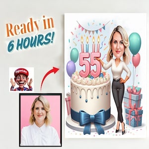 Gepersonaliseerde 55e karikatuur-portret, 55e verjaardag karikatuur, karikatuur verjaardag, aangepaste verjaardag, grappig cadeau, digitale verjaardagskaart