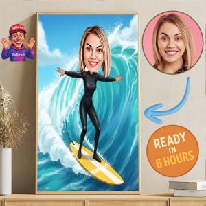 Könnte beinhalten: Gerahmte Cartoon-Illustration einer Frau, die auf einer großen Welle surft. Die Frau trägt einen schwarzen Neoprenanzug und steht auf einem gelben Surfbrett. Der Hintergrund zeigt einen blauen Himmel und das Meer. Ein kleineres Bild des Gesichts der Frau befindet sich in der oberen rechten Ecke. Der Text lautet „READY IN 6 HOURS“.