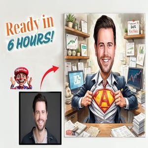Personalisierte Superhelden-Karikatur für Männer, kundenspezifisches Chefporträt im Büro, Superheld-Karikaturzeichnung vom Foto, lustiges Geschenk für ihn,