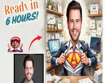 Personalisierte Superhelden-Karikatur: Benutzerdefiniertes Boss-Büroporträt (Digitaler Download)