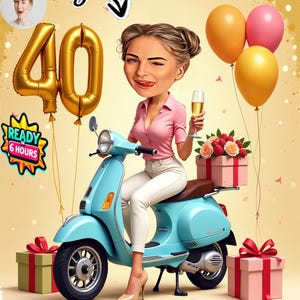 Custom Vespa Scooter Karikatur - Geschenk zum 40 Geburtstag | Lustiges Mod Cartoon Porträt | Lambretta Zeichnung für Vespa Enthusiasten