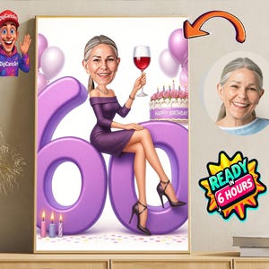 Birthday Gift Caricature for Women | Custom Cartoon from Photo | Funny Gift for Her | Unique 60th Birthday Portrait | Digital Download Gift