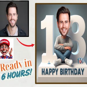Gepersonaliseerde 18e verjaardag cartoonportret, aangepaste karikatuurtekening, grappig cadeau voor hem, 18e verjaardag digitaal portret, uniek cadeau