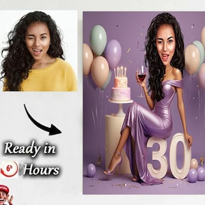Retrato de desenho animado personalizado de 30º aniversário, caricatura de 30º aniversário, caricatura de aniversário, presente de aniversário personalizado, presente engraçado, cartão de aniversário digital