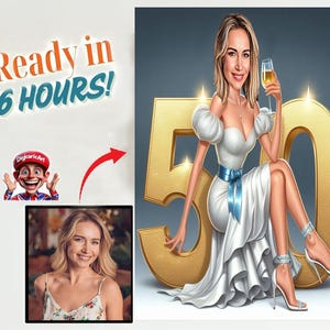 Personalized 50th Birthday Caricature from Photos, Happy Birthday Cartoon Portrait Gift, Happy Birthday,  Custom Caricature Drawing for Her