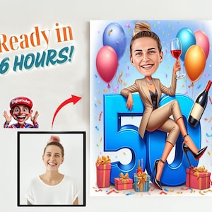Retrato de dibujos animados personalizado de 50 años, caricatura de 50 años, caricatura de cumpleaños, regalo de cumpleaños personalizado, regalo divertido, tarjeta de cumpleaños digital