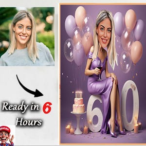 Personalisiertes 60er Jahre Cartoon Portrait, 60er Jahre Geburtstag Karikatur, Geburtstag Karikatur, individuelles Geburtstagsgeschenk, lustiges Geschenk, digitale Geburtstagskarte