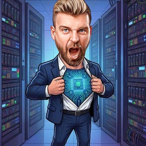 K&ouml;nnte beinhalten: Eine Karikatur einer Person mit Bart und blonden Haaren in einem dunkelblauen Anzug, die ein wei&szlig;es Hemd aufrei&szlig;t, um ein leuchtendes blaues Schaltkreismuster auf der Brust zu enth&uuml;llen, stehend in einem Serverraum mit hohen schwarzen Server-Racks.