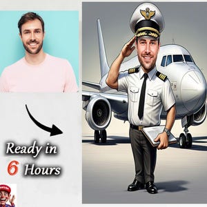 Personalized pilot and air host or hostess caricature art, male pilot cartoon, female pilot cartoon, unique pilot gift, pilot portrait