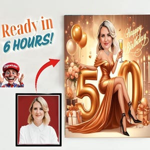 Personalisiertes 50. Cartoon-Porträt, 50. Geburtstagskarikatur, Geburtstagskarikatur, individuelles Geburtstagsgeschenk, lustiges Geschenk, digitale Geburtstagskarte