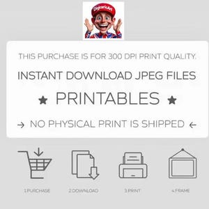 K&ouml;nnte beinhalten: Eine digitale Grafik mit einer Cartoon-Figur in roter M&uuml;tze &uuml;ber dem Text: THIS PURCHASE IS FOR 300 DPI PRINT QUALITY. INSTANT DOWNLOAD JPEG FILES. PRINTABLES. NO PHYSICAL PRINT IS SHIPPED. Symbole zeigen einen Einkaufswagen, Download, Drucker und Rahmen.