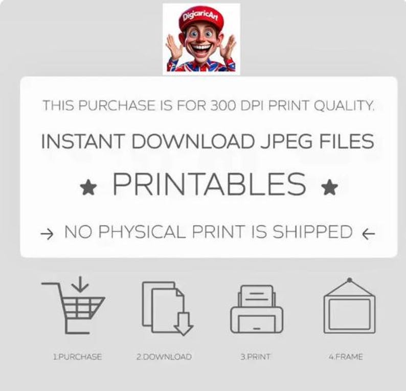 K&ouml;nnte beinhalten: Eine digitale Grafik mit einer Cartoon-Figur in roter M&uuml;tze &uuml;ber dem Text: THIS PURCHASE IS FOR 300 DPI PRINT QUALITY. INSTANT DOWNLOAD JPEG FILES. PRINTABLES. NO PHYSICAL PRINT IS SHIPPED. Symbole zeigen einen Einkaufswagen, Download, Drucker und Rahmen.