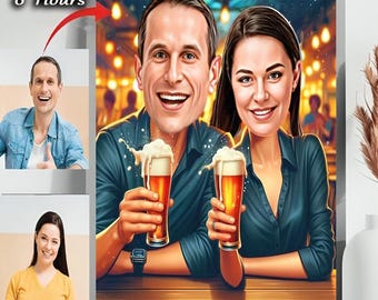 Caricature de couple personnalisée - Portrait amusant d'amateurs de bière (téléchargement numérique)