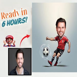 Retrato de caricatura de jugador de fútbol personalizado, dibujo de caricatura de jugador de fútbol personalizado a partir de una foto, regalo divertido de caricatura de jugador de fútbol para él