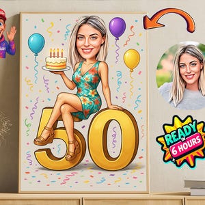 Gepersonaliseerde 50e cartoonportret, karikatuur 50e verjaardag, karikatuur verjaardag, aangepaste verjaardagscadeau, grappig cadeau, digitale verjaardagskaart