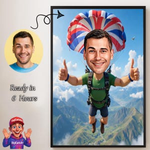 Puede incluir: Retrato de caricatura enmarcado de un hombre saltando en paracaídas con un paracaídas de la bandera británica, haciendo una señal de pulgar hacia arriba. La imagen incluye un retrato más pequeño del hombre y el texto "Ready in 6 Hours."