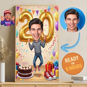 Könnte beinhalten: Gerahmte digitale Karikatur zum 20. Geburtstag. Das Bild zeigt einen Cartoon-Mann mit goldenen Luftballons in Form der Zahl 20, eine Schokoladentorte, Geschenke und rote Turnschuhe. Der Text "READY IN 6 HOURS" ist ebenfalls sichtbar.