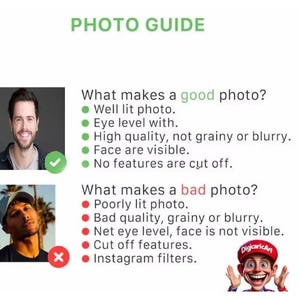 K&ouml;nnte beinhalten: Eine Infografik mit dem Titel PHOTO GUIDE zeigt zwei Beispielportr&auml;ts. Das obere Portr&auml;t zeigt ein gut beleuchtetes Gesicht mit einem gr&uuml;nen H&auml;kchen. Das untere Portr&auml;t zeigt ein schlecht beleuchtetes Gesicht mit einem roten X. Text listet Kriterien.