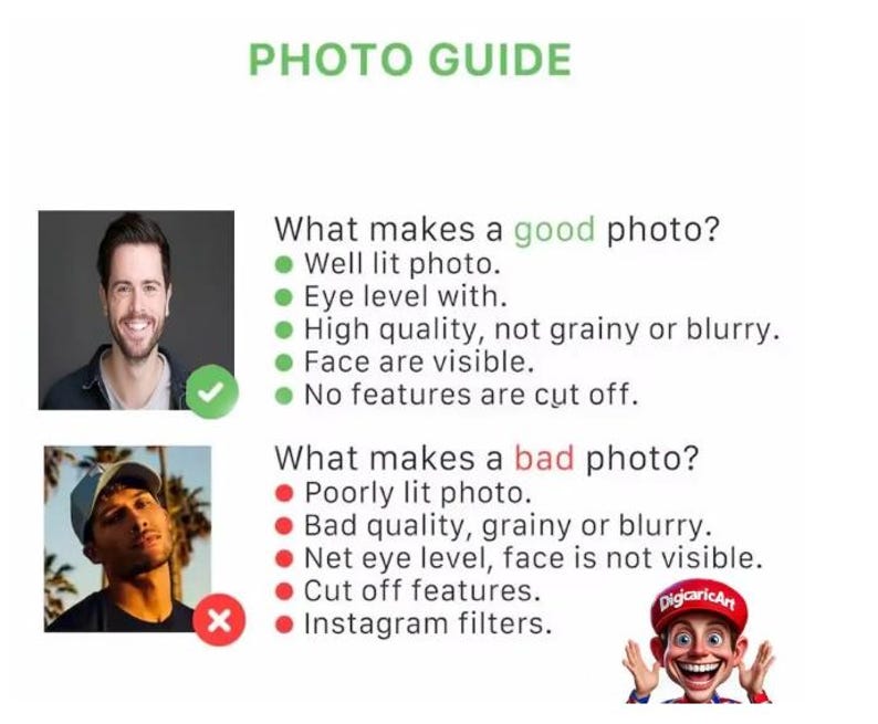 K&ouml;nnte beinhalten: Eine Infografik mit dem Titel PHOTO GUIDE zeigt zwei Beispielportr&auml;ts. Das obere Portr&auml;t zeigt ein gut beleuchtetes Gesicht mit einem gr&uuml;nen H&auml;kchen. Das untere Portr&auml;t zeigt ein schlecht beleuchtetes Gesicht mit einem roten X. Text listet Kriterien.
