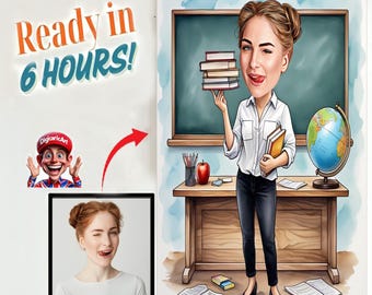 Custom Teacher Caricature from Photo: Personalized Cartoon Portrait (Digital Download)