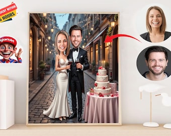 Retrato de Caricatura de Casal Personalizado: Bolo de Aniversário e Vinho (Download Digital)