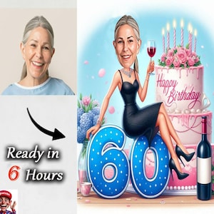 Retrato de dibujos animados personalizado de 60 años, caricatura de 60 años, caricatura de cumpleaños, regalo de cumpleaños personalizado, regalo divertido, tarjeta de cumpleaños digital