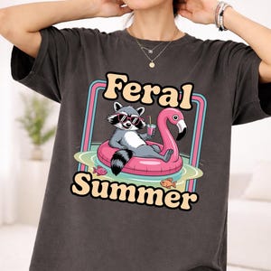 Comfort Colors Feral Summer Tee, Retro Raccoon Pool Float Shirt, Funny Beach Vacation Tshirt, Gift For Cool Moms