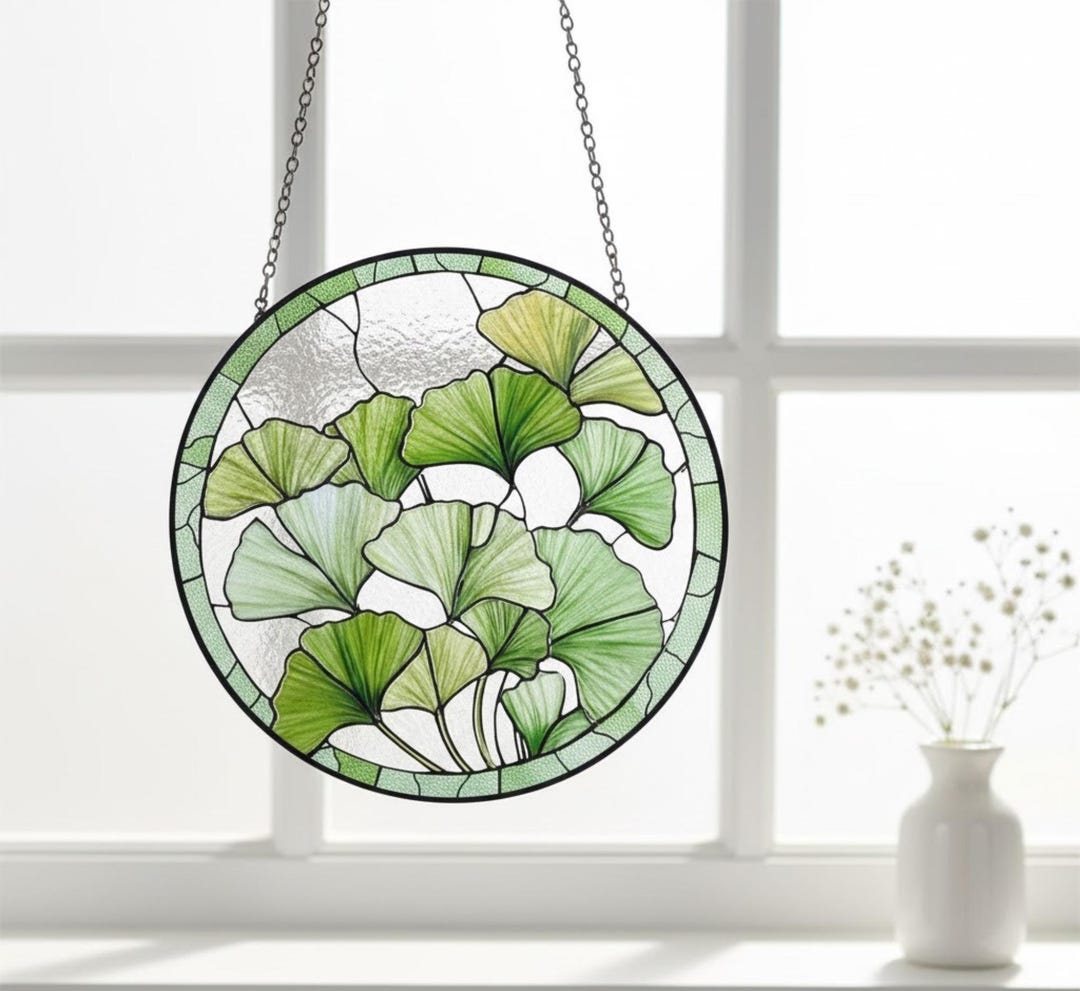 Round Ginkgo Leaf-shaped Window Ornaments Made of Stained Glass, a Gift ...