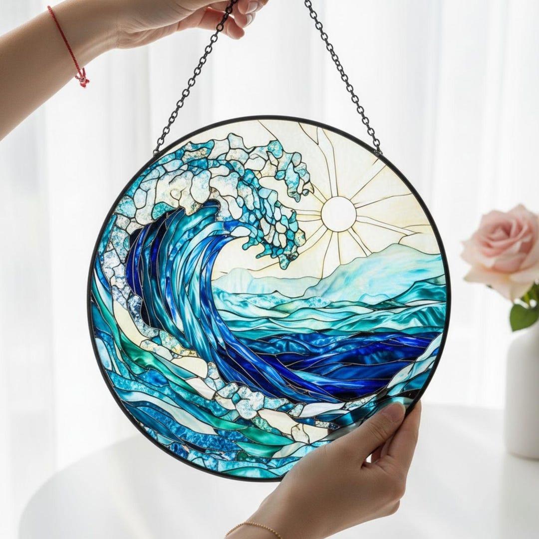 Ocean Waves Stained Glass Suncatcher, Wave Window Hanging Coastal Decor ...