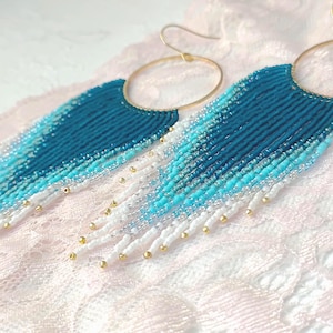 Turquoise Ombre Fringe Earrings – Handmade Boho Beaded Dangles, Gradient from Dark Turquoise to White, Stainless Steel, Gift for Women