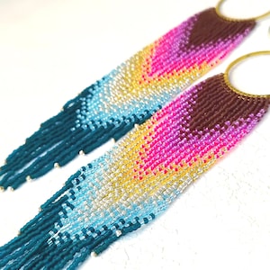 Pink Teal Gradient Earrings, Fringe Earrings with Gold and Silver, Handmade Long Earrings, Colorful Gift for Her, Ombre Fringe Earrings