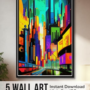 FUTURISM Cityscape Print SET OF 5 | Sci-Fi Abstract Cyberpunk Wall Art Bundle | Vibrant Neon Digital Download | Modern Gaming Room Decor