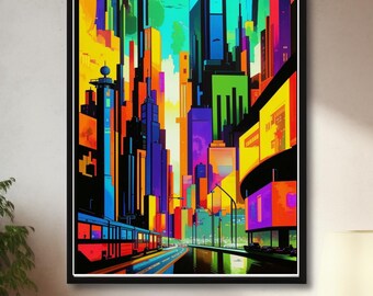Conjunto de Impressões de Paisagem Urbana Cyberpunk | Arte de Parede Vibrante de Ficção Científica (Download Digital)