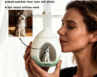 Urna de perro personalizada: retrato de gato o perro realista de cerámica de lujo, nombre y fecha, regalo para la pérdida de una mascota, recuerdo de cenizas de mascotas.