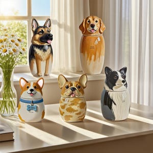 May include: A collection of ceramic dog-shaped urns, each with a unique breed design. The urns feature a German Shepherd, Golden Retriever, Corgi, French Bulldog, and Border Collie. The Corgi urn has a blue collar with a tag that says "My Angel".