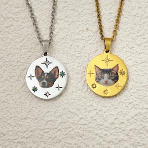 Personalized Pet Portrait Necklace, Custom Laser Engraved Cat Necklace with Photo or Name, Dog Portrait Necklace, Pet Memorial Jewelry