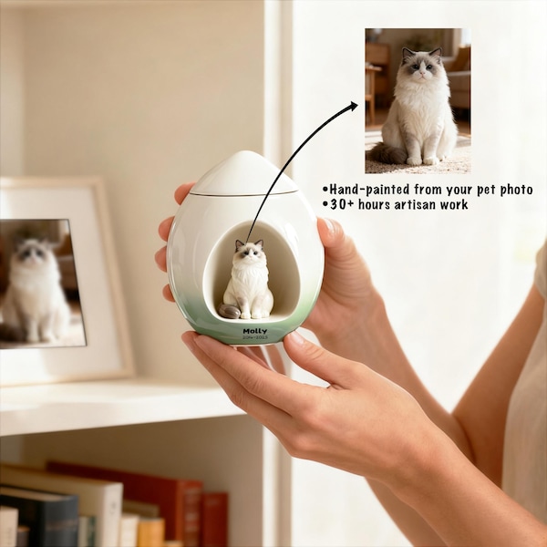 Personalized Cat Urn for Ashes – Handmade Custom Ceramic Cat Memorial with Portrait,Pet loss gift for mother