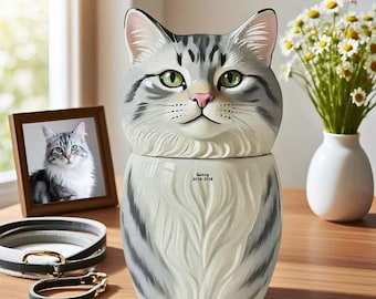 May include: A ceramic cat urn with a gray and white tabby design, green eyes, and a pink nose. The urn has the name "Sunny 2018-2023" inscribed on it. A framed photo of a cat, a white vase with flowers, and two cat collars are also present.