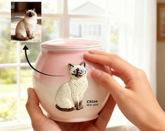 Personalized Cat Urn – Custom Ceramic Cat Memorial Urn for Ashes with Portrait & Name | Handmade Pet Remembrance Gift