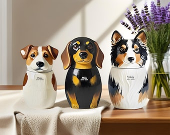 May include: Three ceramic dog urns, each designed to resemble a different breed. The urns are white with brown, black, and tan accents. Each urn has a dog's name and dates printed on it. A vase of purple flowers sits in the background.