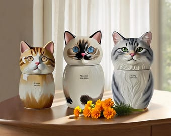 Hand-Painted Personalized Cat Urn, Custom Ceramic Portrait with Name & Date, Pet Memorial Keepsake, Cat Loss Gift