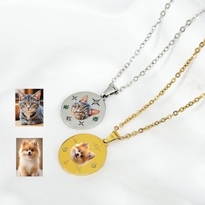 Custom Silver Pet Portrait Necklace, Pet Memorial Gift Jewelry, Dog Cat Photo Pendant, Personalized Pet Remembrance Necklace Charm