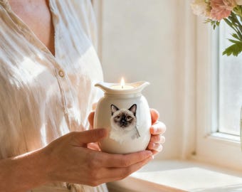 Personalized Cat Urns With Candle Holder–Luxury Ceramic Cat urns for Ashes,Hand-Painting Portrait,Name&Date,Pet Ashes Keepsake