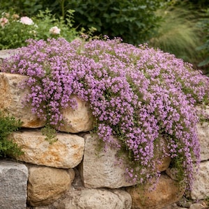 May include: A stone wall is covered in a cascade of small, light purple flowers. The flowers are in full bloom, creating a dense, textured appearance. The wall is made of large, irregularly shaped stones in shades of tan and gray.