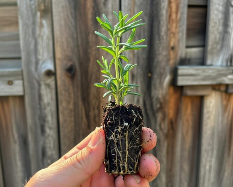 May include: A small rosemary plant with green leaves and a developed root system. The plant is held in a hand, showcasing the roots and the soil it is growing in. The background is a wooden fence.
