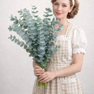 May include: A woman holding a large bundle of fresh eucalyptus branches with round, silvery-green leaves. She wears a cream-colored headband, a white blouse with lace trim, and a tan and white checkered apron with a lace-trimmed pocket.