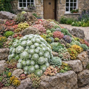 May include: A rock garden bed overflowing with a variety of succulents. The plants display a range of colors, including green, pink, and yellow. The garden is set against a stone wall and a building with a wooden door.